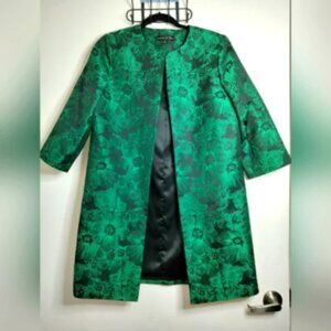 Preston & York (Size 10) Black & Green Jacquard Floral Open Front Long Line Coat